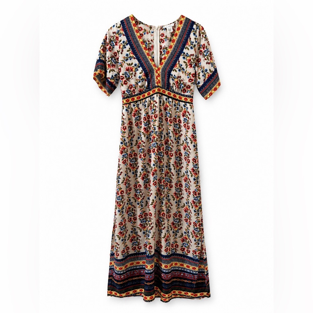 Urban Romantics Floral Border Print Boho Maxi Dress S Red Blue Festival Prairie
